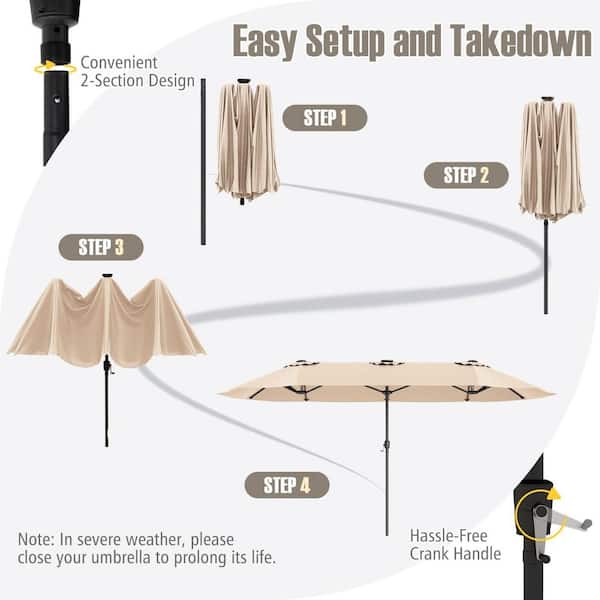 15.5 ft. Steel Extra-Large Market Patio Umbrella in Beige with LED Solar Lights and Crank Handle(Stand Not Included)