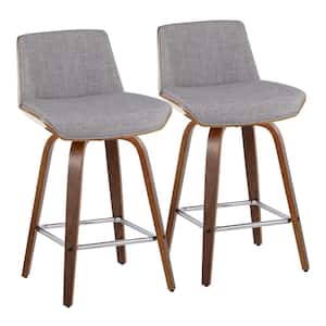 Corazza 26 in. Light Grey Fabric, Walnut Wood, and Chrome Metal Fixed-Height Counter Stool (Set of 2)