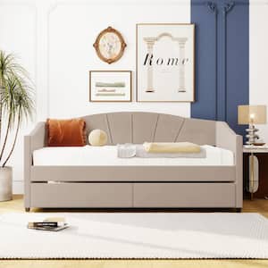Beige Twin Daybed with 2-Drawers, Velvet Upholstered Twin Size Daybed Sofa Bed for Bedroom Living Room