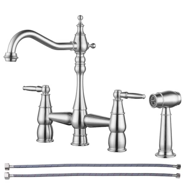 Brass Double Handle Bridge Kitchen Faucet with Side Sprayer in Brushed Nickel