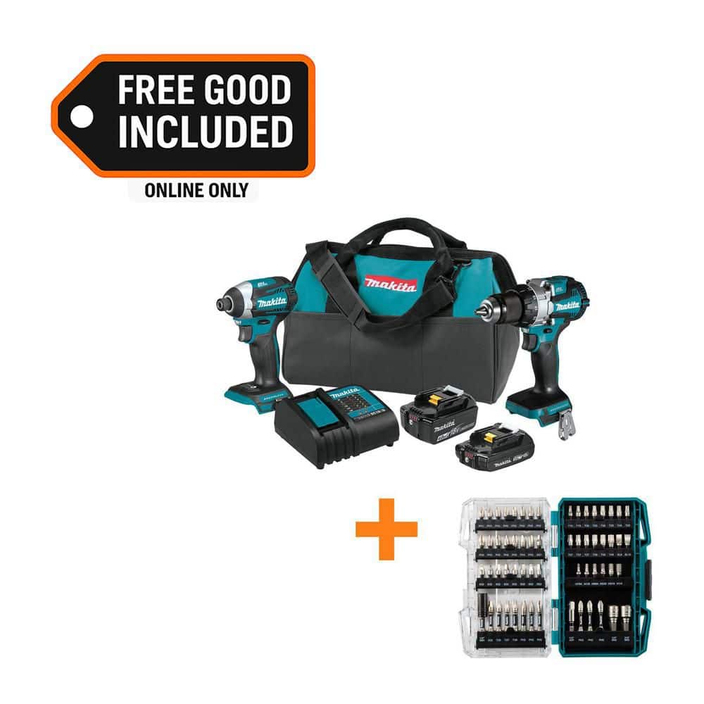 Makita 18V LXT Brushless Cordless 2-pc Combo Kit 2.0Ah/4.0Ah with IMPACT XPS Impact Rated Screwdriver Drill Bit Set (60-Piece) XT296SMR-E01644