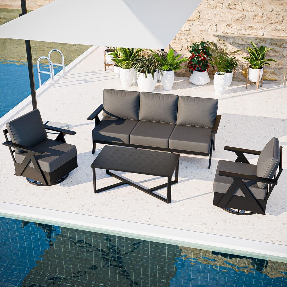 4-Piece Black Aluminum Patio Conversation Set Swivel Chair with Gray Cushions and Coffee Table price history on PriceWatchPro