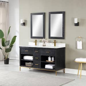 Kesia 60 in. W x 22 in. D x 34 in. H Double Sink Bath Vanity in Black Oak with White Composite Stone Top and Mirror