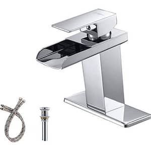 Single-Handle Single-Hole Brass Waterfall Bathroom Faucet with Pop-up Drain Assembly Kit Included in Polished Chrome