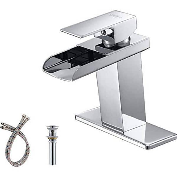 FLG Single-Handle Single-Hole Brass Waterfall Bathroom Faucet with Pop-up Drain Assembly Kit Included in Polished Chrome