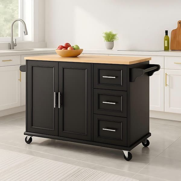 Polibi Black Rubber Wood Table Top Material 53.93 in.. Kitchen Island with Extensible Table Top, adjustable Shelf, 3-Drawers