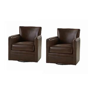 Amparo Chocolate 29 in. W Contemporary Genuine Leather Swivel Chair with Nailhead Trim Arm Set of 2