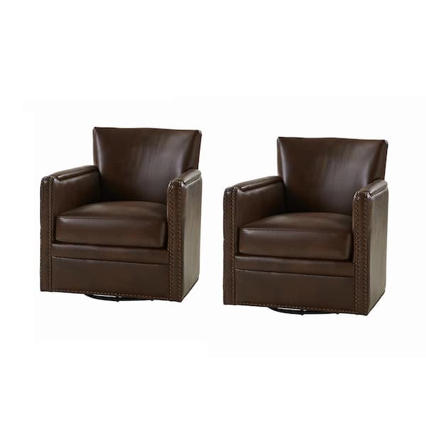 JAYDEN CREATION Amparo Chocolate 29 in. W Contemporary Genuine Leather Swivel Chair with Nailhead Trim Arm Set of 2