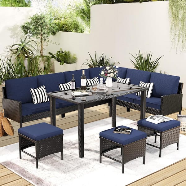 Sudzendf 7-Piece Wicker Outdoor Patio Conversation Set with Blue Cushions and Glass Table for Backyard, Patio or Garden