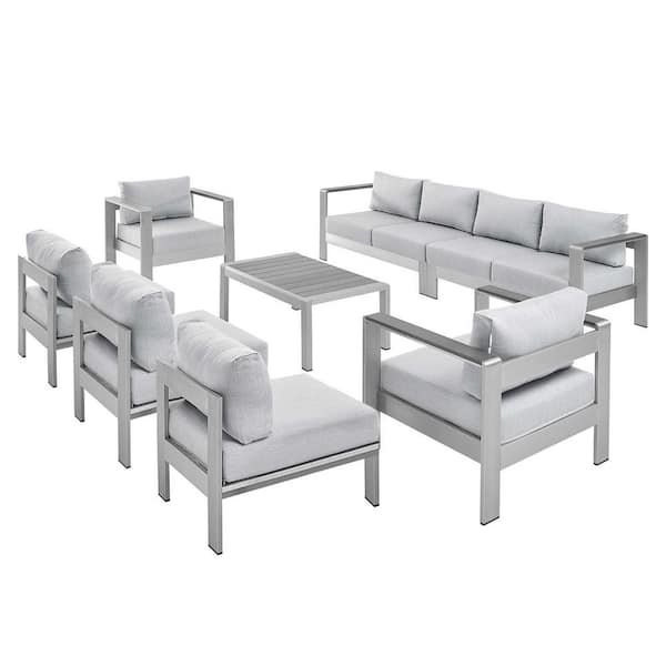 MODWAY Shore Sunbrella Silver 8-Piece Fabric Aluminum Outdoor Patio Conversation Sectional Sofa Set with Gray