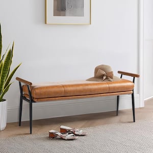 Modern Brown Upholstered Dining Table Bench with Wooden Arms and Metal Legs 350 lbs.