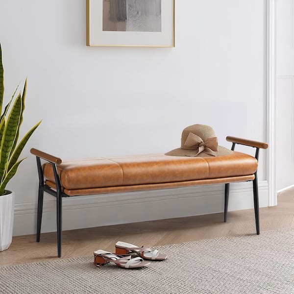 Modern Brown Upholstered Dining Table Bench with Wooden Arms and Metal Legs 350 lbs.