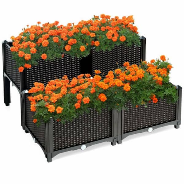 Alpulon 16 in. x 16 in. x 17.5 in. Plastic Elevated Flower Vegetable Herb Grow Planter Box in Brown (Set of 4)