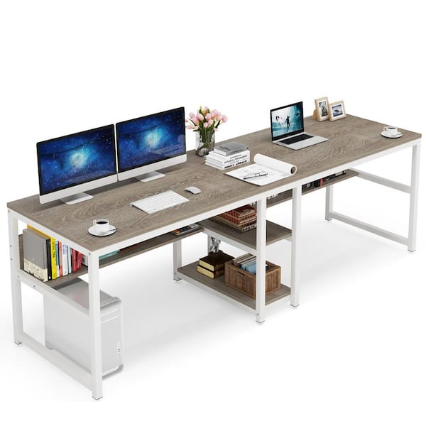 BYBLIGHT Moronia 78.74 in. Rectangular Gray and White Wood and Metal Computer Desk 2-Person Desk with Storage Shelf for Office