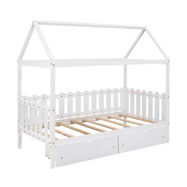 Z-joyee Fence-Shaped Guardrail White Twin Size House Bed with Drawers