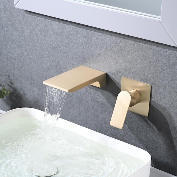 Wall Mount Bathroom Sink Faucet 10-in. Waterfall Spout, 1-Handle Tub Faucet with Rough-In Valve-Brushed Gold