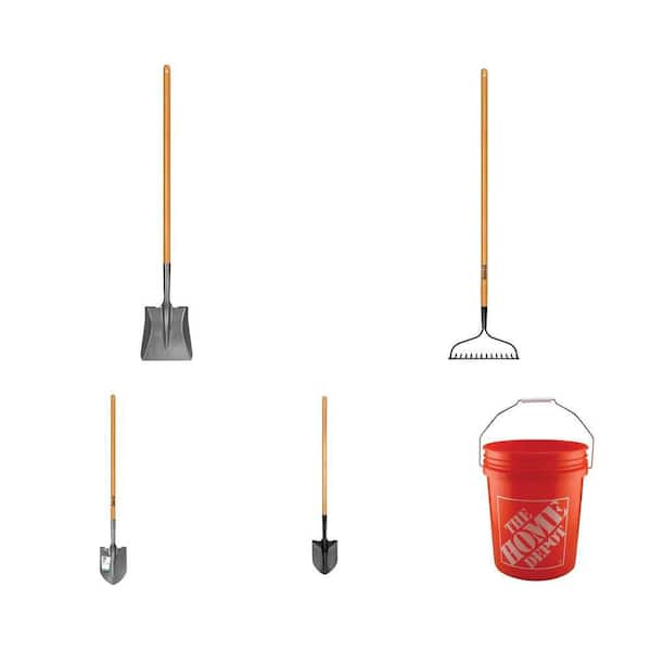 47 in. Wood Handle Carbon Steel Transfer and Digging Shovels, 14-Tine Bow Rake and 5 Gallon Bucket Combo (5 Pack)