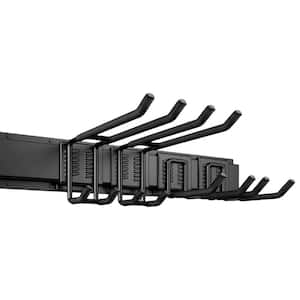 32 in. Black Metal Adjustable Wall Mount Garden Tool Organizer with Hooks for Hanging Rake, Broom, Snowboard and More