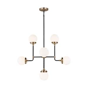 Cafe 8-Light Satin Brass Mid-Century Modern Industrial Hanging Chandelier with Etched/White Inside Glass Shades
