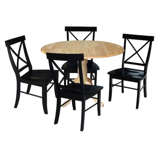 International Concepts 5 Piece 42 in. Natural and Black Dual Drop Leaf Solid Wood Table with 4 Side chairs