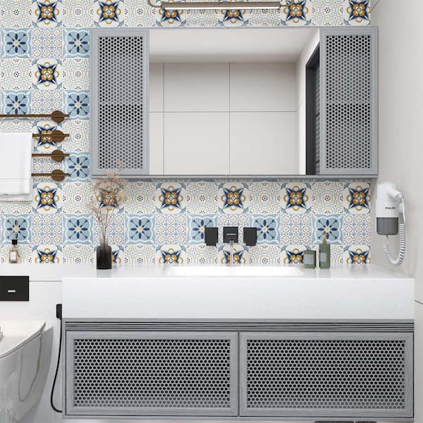 12 in. x 12 in. x 0.03 in. Blue Flower Peel and Stick Backsplash Tiles, Vinyl Floor and Wall Decor Backsplash Tile