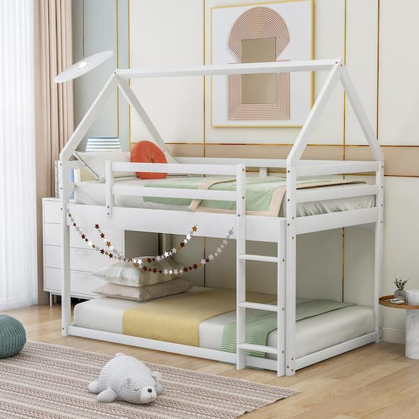 Polibi White Twin Over Twin Low Bunk Bed, House Bed with Ladder