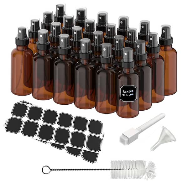 Nevlers 4 oz. Glass Spray Bottles with Funnel, Brush, Marker and Labels - Amber (Pack of 24)