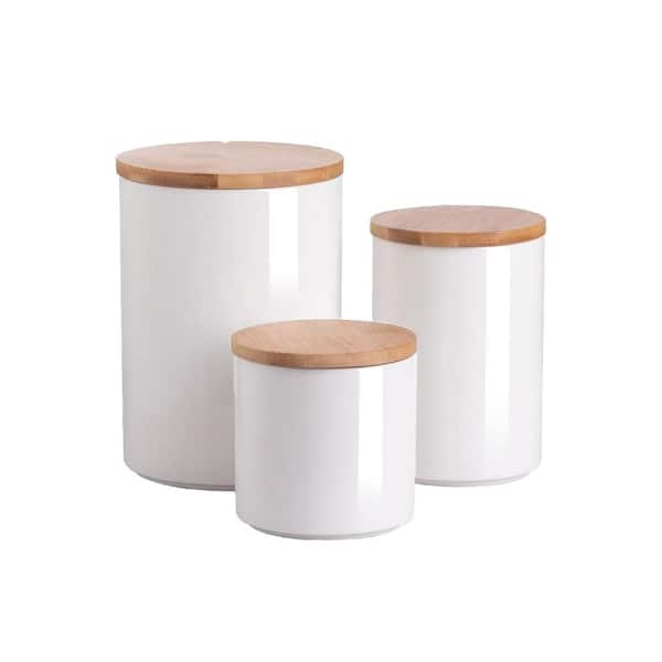 Ceramic 3-Piece Food Storage Canister Set with Airtight Bamboo Lids for Coffee Tea Sugar Flour Spice White Stackable