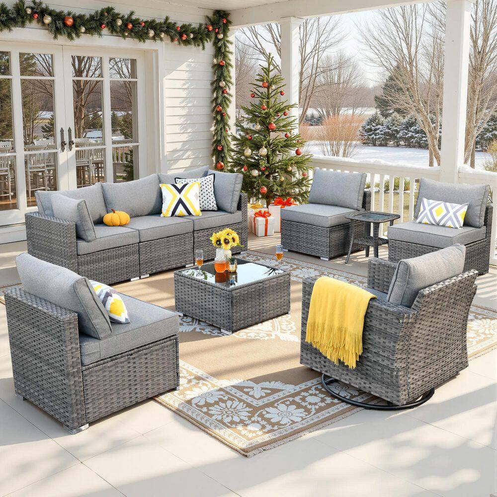 Daffodil F Gray 9-Piece Wicker Outdoor Patio Conversation Sofa Set with a Swivel Rocking Chair and Dark Gray Cushions price history on PriceWatchPro