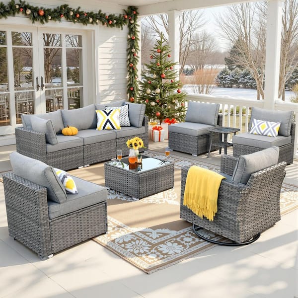 weaxty W Daffodil F Gray 9-Piece Wicker Outdoor Patio Conversation Sofa Set with a Swivel Rocking Chair and Dark Gray Cushions