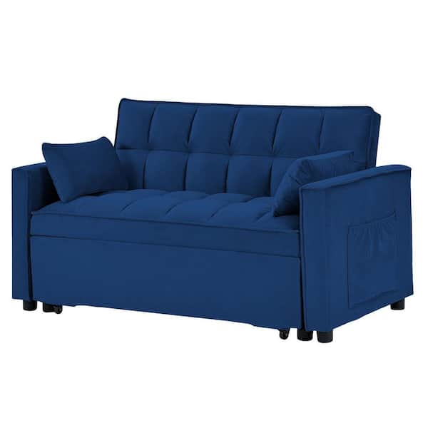 55 in. W 3-in-1 Convertible Velvet Sleeper Sofa Bed with 2 Pillows, Blue, 2-Seater Loveseat