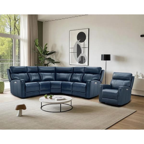 Ellesophas Nora 104 in. 6 Seaters Genuine Leather Dual Power Sectional Sofa Set, USB Ports, 1 Power Armless Chair in Dark Blue
