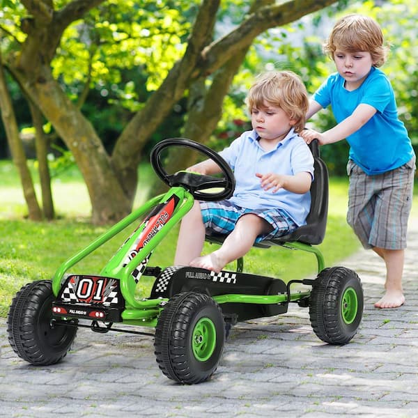 7 in. Green 4-Wheel Kids Pedal Powered Ride On Go Kart with Adjustable Seat and Handbrake