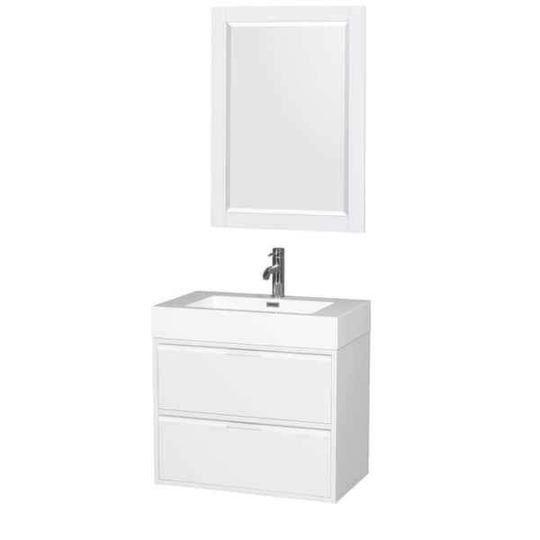 Wyndham Collection Daniella 29.3 in. W Vanity in Glossy White with Acrylic Vanity Top in White with White Basin and 24 in. Mirror