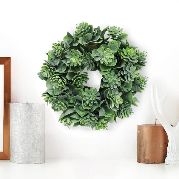 LIVING LUXURY 9.5 in. Frosted Green Artificial Mix Lotus Leaf Succulent Greenery Wreath Candle Ring