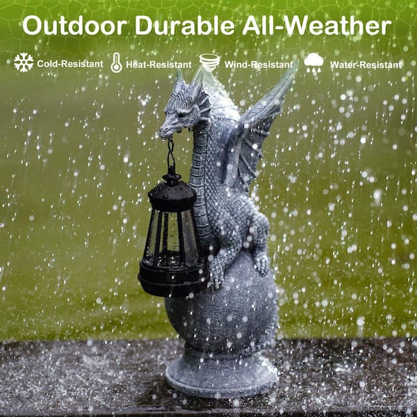 Goodeco 12 in. Grey Resin Solar Dragon Garden Statue for Outdoor