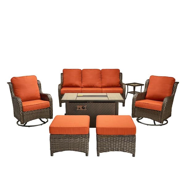 Polaris 7 Pieces Wicker Outdoor Patio Rectangular Fire Pit Set and Swivel Rocking Chairs with Orange Red Cushions