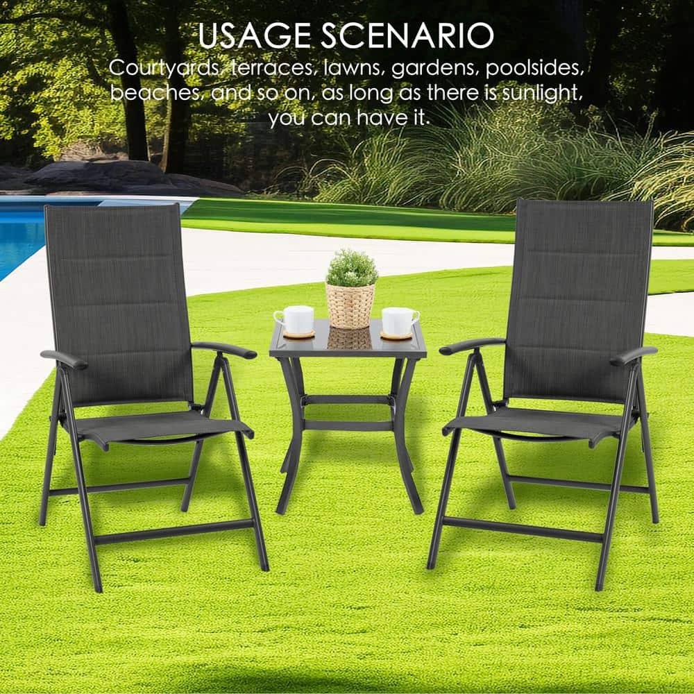 Gray Foldable Padded Aluminum Outdoor Dining Chairs (Set of 2)