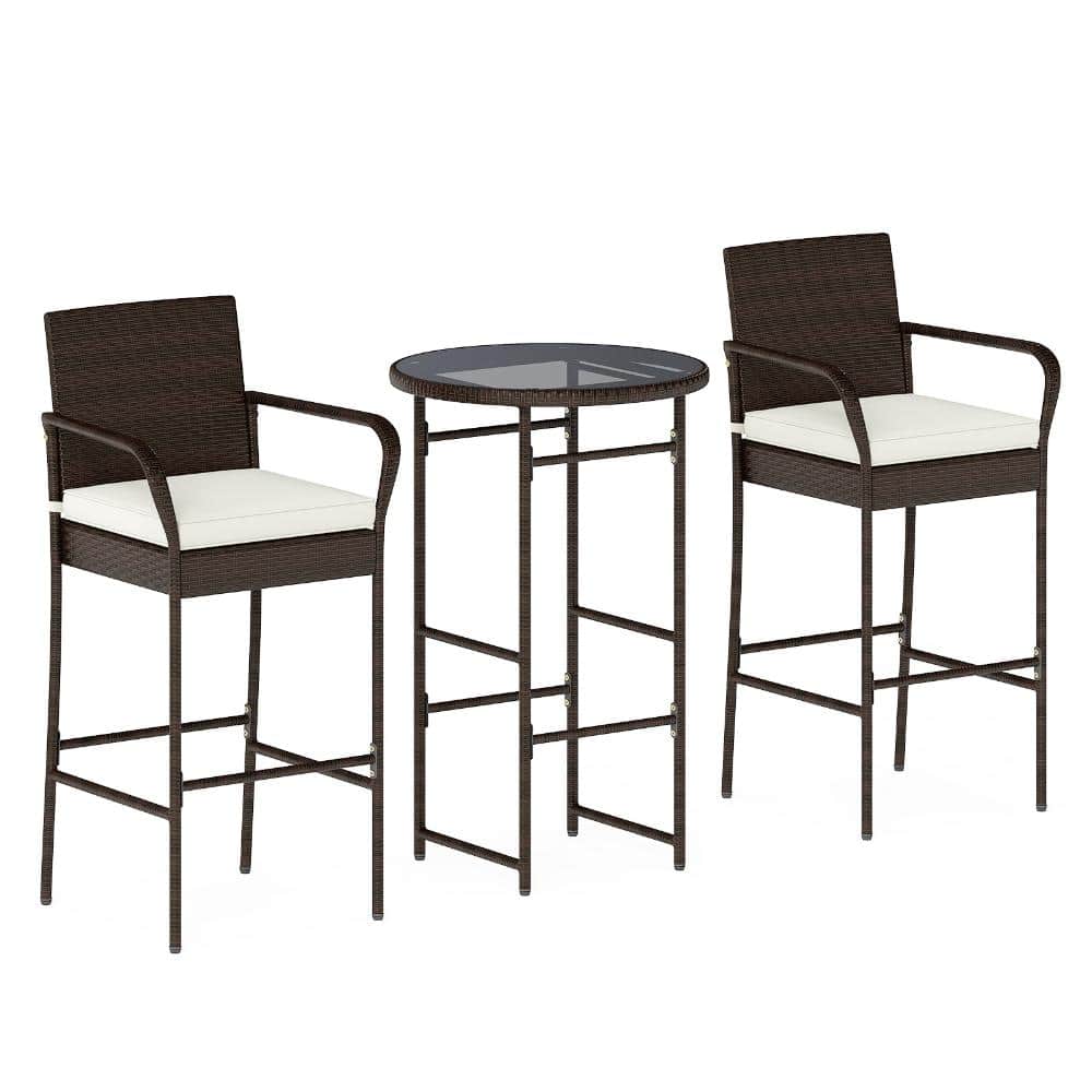 3-Piece PE Rattan Outdoor Bar Set with Cushioned Chairs and Glass-Top Table, White price history on PriceWatchPro