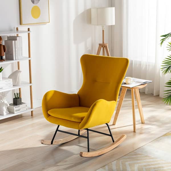 LY S Collection Yellow Velvet Fabric Padded Seat Rocking Chair With High Backrest And Armrests HM426 RC YW The Home Depot
