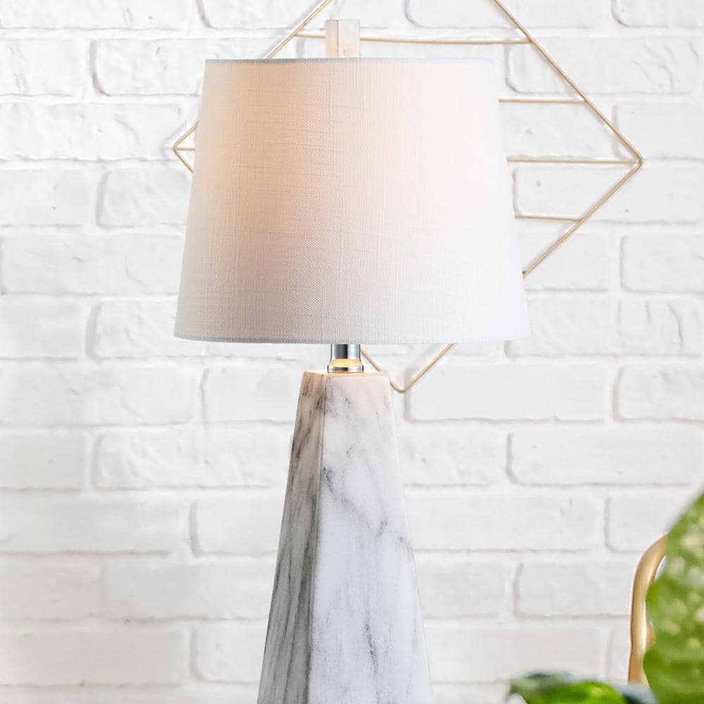 Elegant 20.5" White Marble-Effect Resin Table Lamp with Linen Shade
