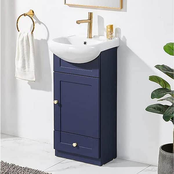 18 in. W x 15 in. D x 37 in. H. Mini Freestanding Small Bath Vanity in Blue with White Ceramic Sink Top