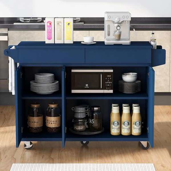 Runesay Navy Blue MDF Wood 53.15 in. W Drop Leaf Kitchen Island Cart with Adjustable Shelves and Spice Rack