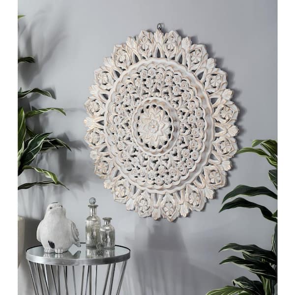 Litton Lane 35 in. x  35 in. Wood White Handmade Intricately Carved Mandala Floral Wall Decor