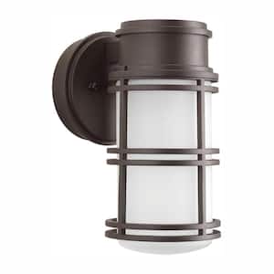 Bell LED Collection 1-Light Antique Bronze Etched Glass Craftsman Outdoor Wall Lantern Light