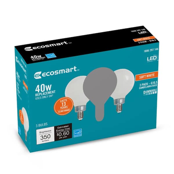 EcoSmart 40-Watt Equivalent G16.5 Dimmable ENERGY STAR CEC Filament LED  Light Bulb Soft White (3-Pack) G16.5F5E12927Z - The Home Depot