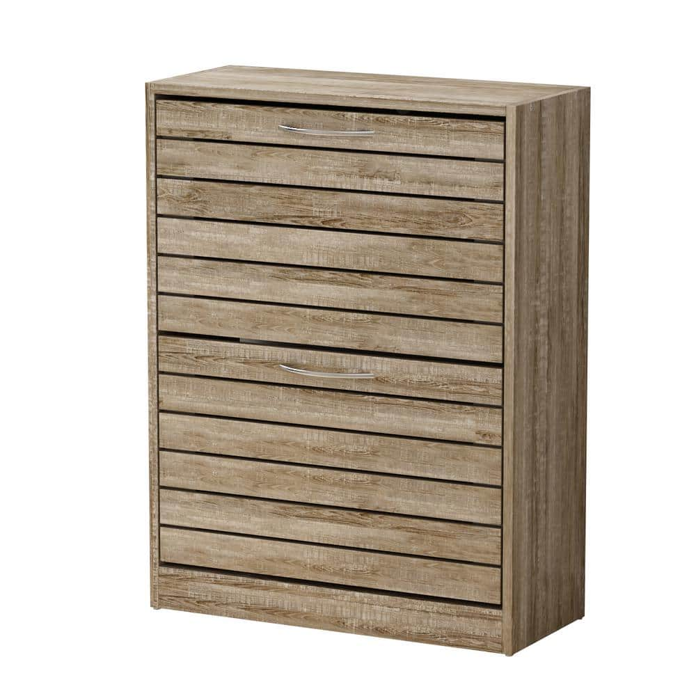 FUFU&GAGA 22.4 in. W x 29.5 in. H Brown Wood Louver Door Shoe Storage Cabinet with 2-Drawers for Entryway Hallway