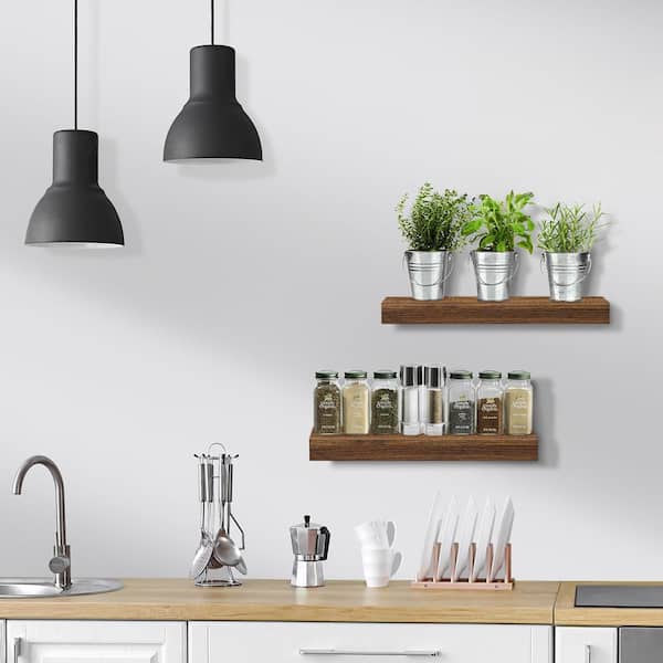 Set of 2 Floating Shelves, Wall Mounted for Home Decor, 16.25 in. W x 5.5 in. D Dark Brown Wood Decorative Wall Shelf