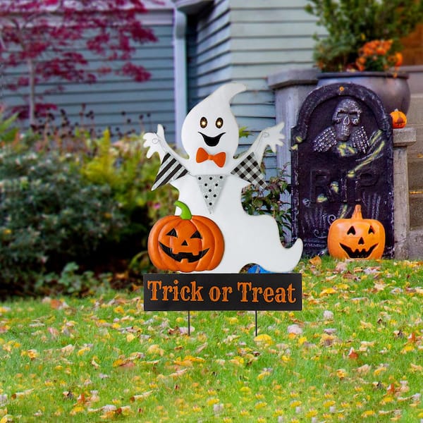 Glitzhome 32 in. H Lighted Halloween Metal Ghost Yard Stake 2006300020 ...