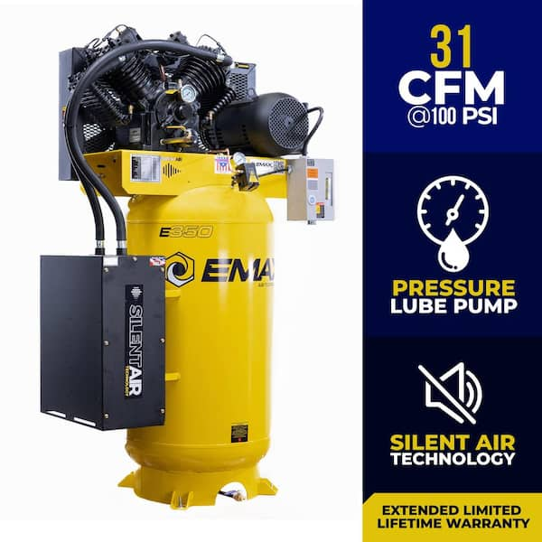 Silent Air Industrial E350 Series 80 Gal. 175 psi 7.5 HP 31 CFM 1-Phase 2-Stage Stationary Electric Air Compressor